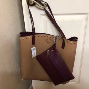 Tan and maroon oversized purse